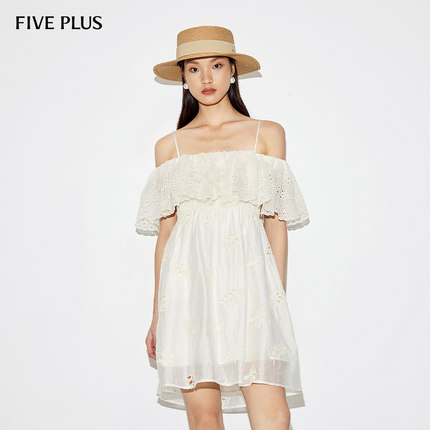 FIVE PLUS连衣裙女一字领露肩裙子小白裙绣花天丝