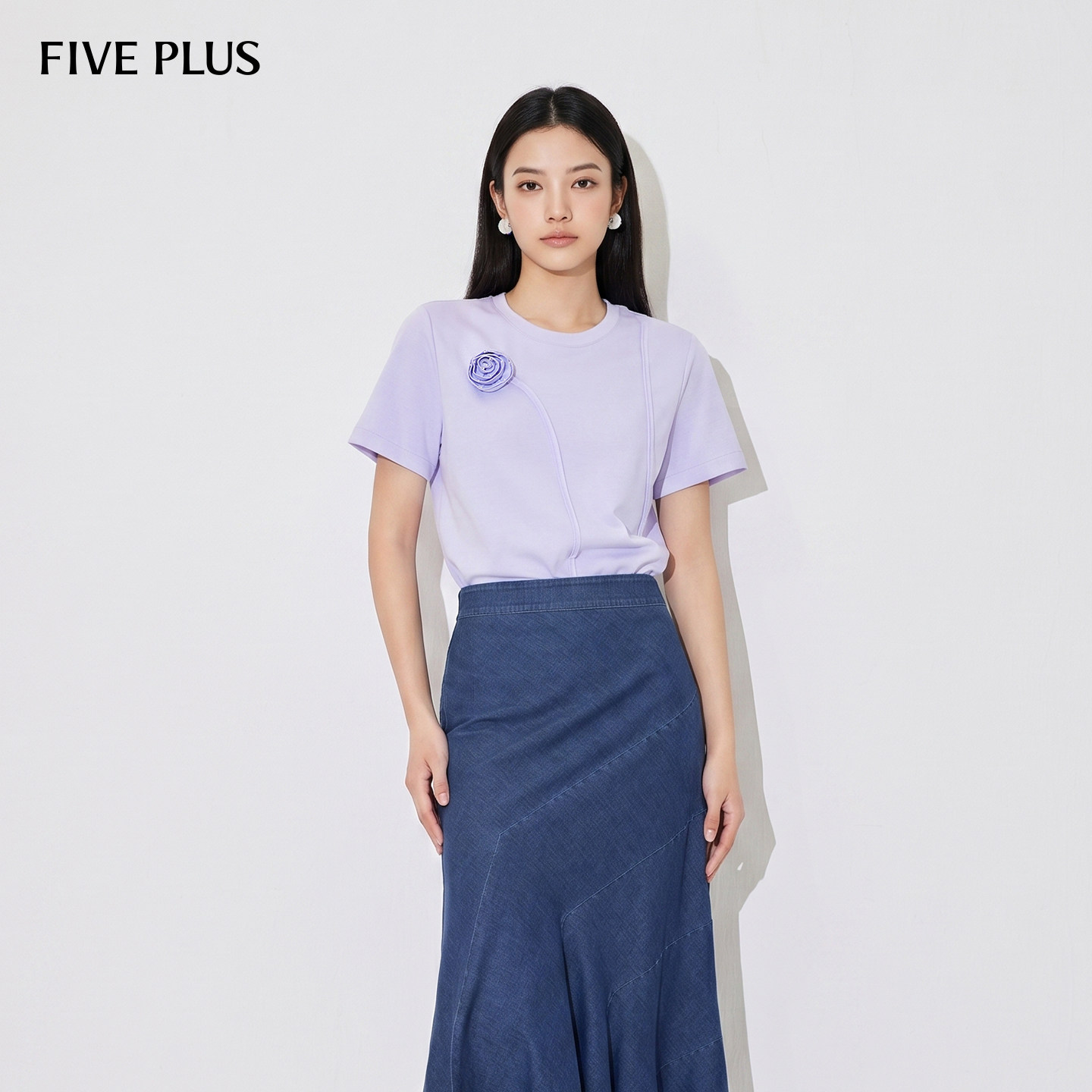 FIVE PLUST恤女上衣短袖直筒宽松套头衫拼花朵易打理