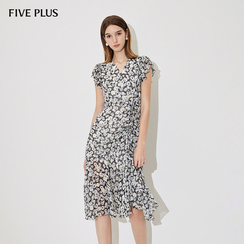 【129元】FIVE PLUS雪纺连衣裙女碎花茶歇裙收腰荷叶边雏菊女夏装