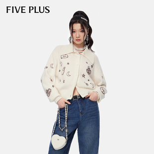 女春装 FIVE 翻领毛衣复古趣味图案2026新款 女开衫 PLUS羊毛针织衫