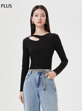 FIVE PLUS长袖T恤女通勤上衣修身镂空设计感女冬装百搭显瘦打底衫