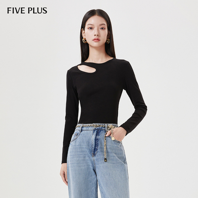 FIVE PLUS长袖T恤女通勤上衣修身镂空设计感女冬装百搭显瘦打底衫