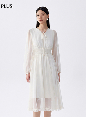 FIVE PLUS连衣裙女绣花V领中长裙子高腰天丝长袖约会仙气秋季