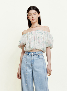 FIVE PLUS女夏装波嬉风一字肩吊带幻彩提花工艺上衣女装