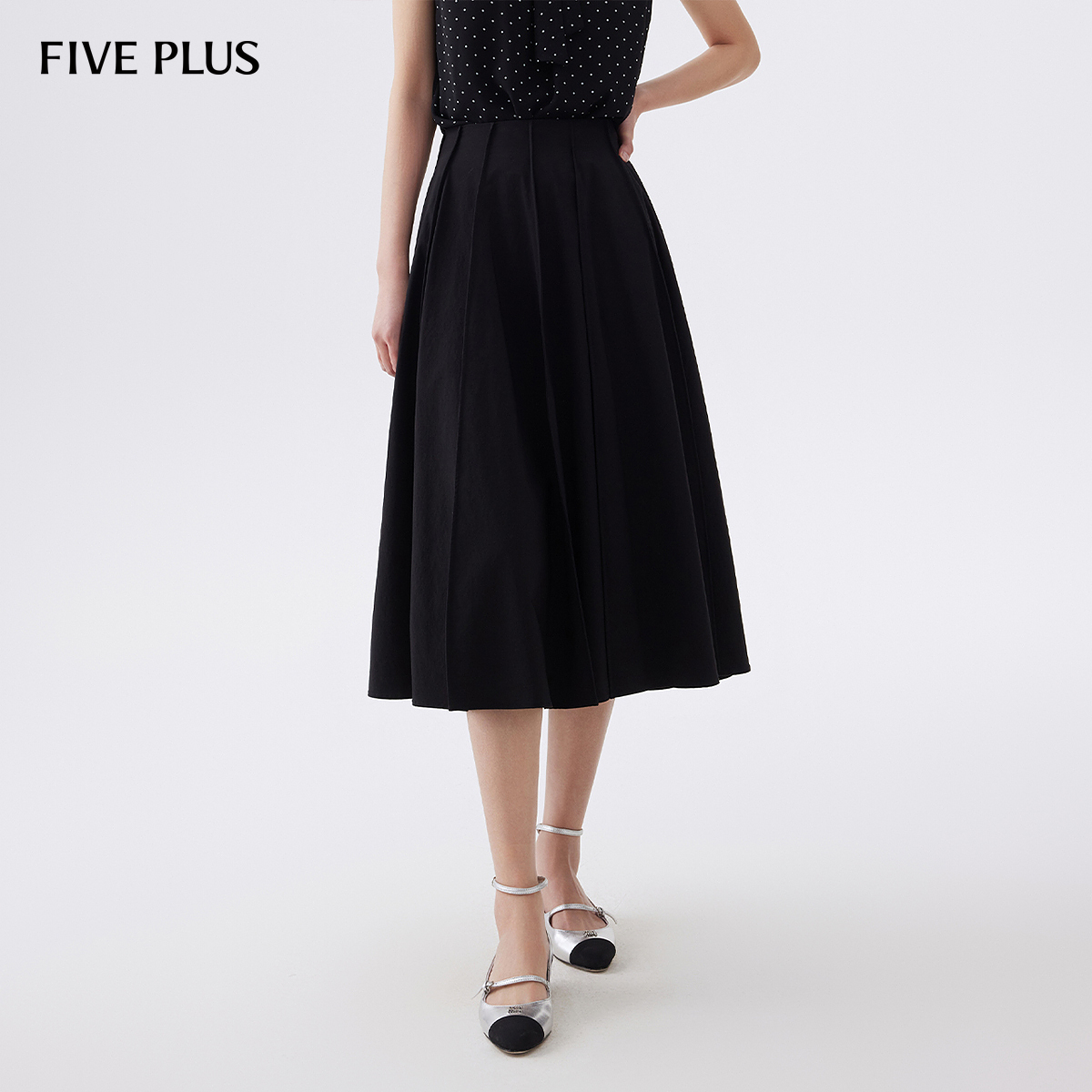 FIVE PLUS半身裙女裙子高腰A字中长款伞裙轻盈压褶