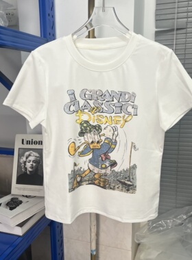 美式卡通风唐老鸭印花短袖T恤女圆领白色上衣夏季新款25547