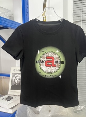 休闲慵懒风短袖T恤女黑色字母印花圆领百搭显瘦上衣25670