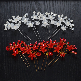 新娘头饰发饰白色红色珍珠日韩式甜美盘发头花发簪子套装结婚配饰