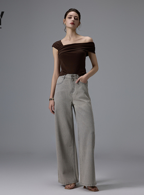 苎麻面料浅色阔腿牛仔裤女垂感显瘦质感水洗高腰宽松拖地裤子女士