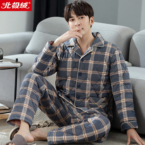 2025年男士睡衣秋冬款纯棉夹棉袄三层加厚保暖中年爸爸大码家居服