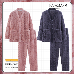 加绒法兰绒两件套 加厚款 2025年情侣睡衣女秋冬季 珊瑚绒家居服男士