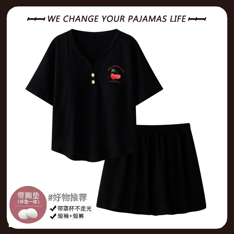 北极绒睡衣女士自带胸垫夏季纯棉短袖薄款夏天宽松大码家居服套装
