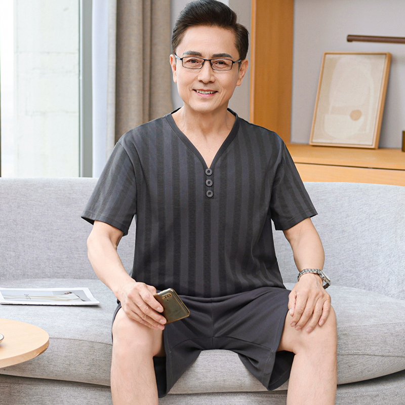 睡衣男士春夏季短袖薄款中老年爸爸可外穿中裤夏天家居服两件套装