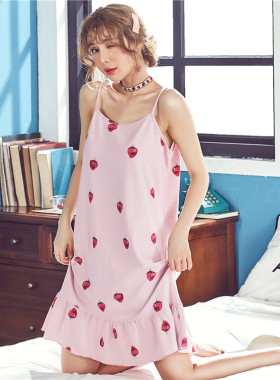 吊带睡裙女夏季纯棉性感大码草莓薄款可爱连衣裙子夏天睡衣可外穿