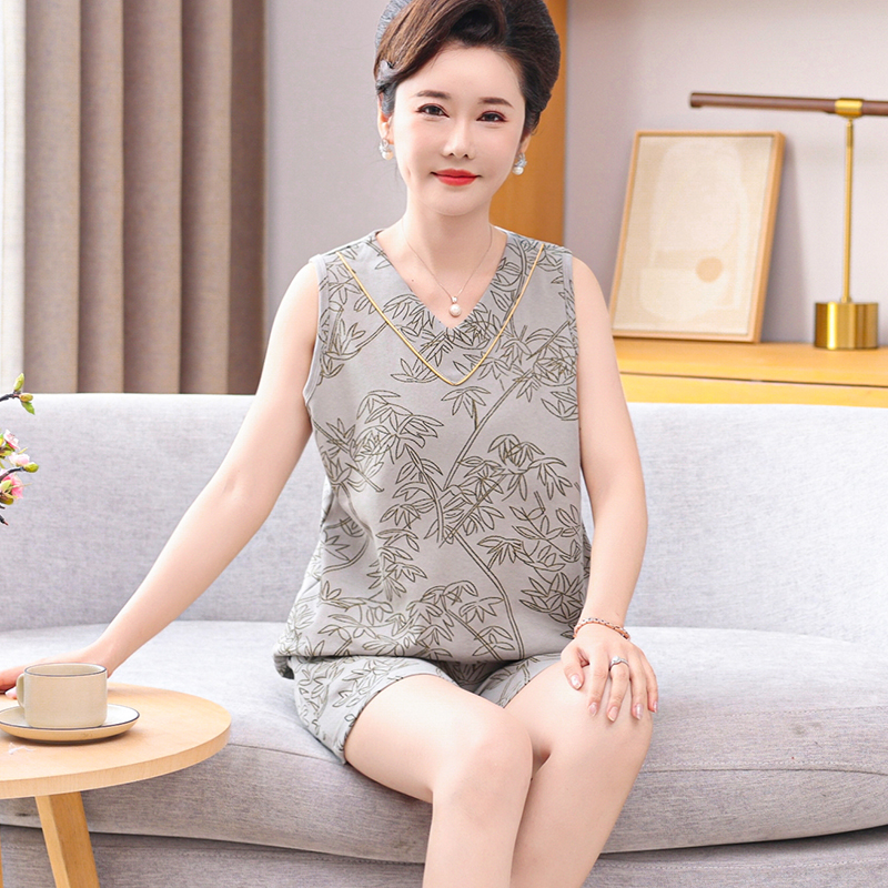 中年妈妈纯棉无袖睡衣女套装春夏季薄款坎袖背心中老年休闲家居服