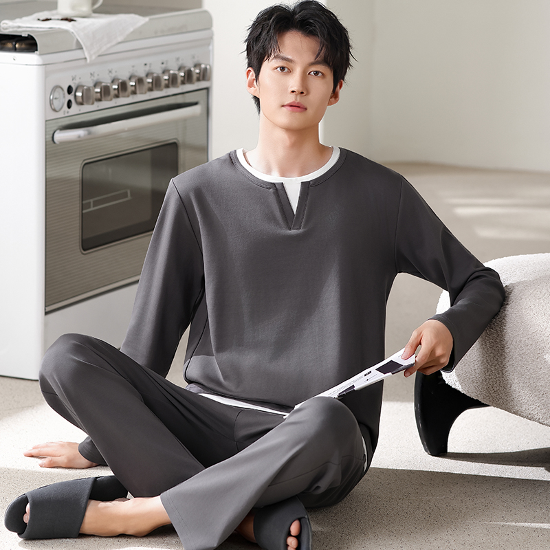 春秋季睡衣男士纯棉长袖加大码圆领套头休闲高级感家居服两件套装
