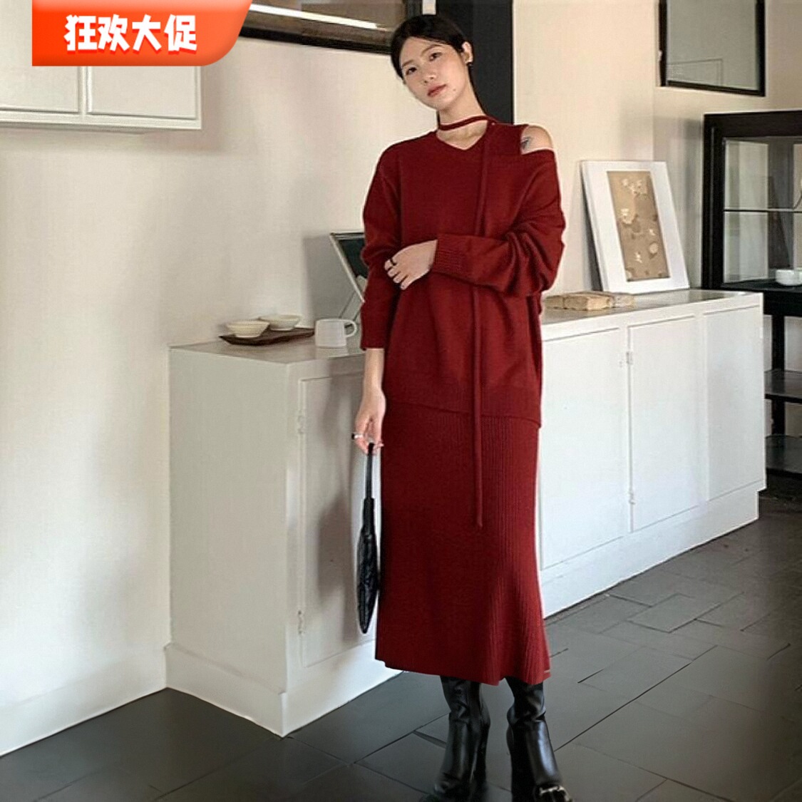 Hazel直销圣诞年会氛围韩国原创知性优雅针织羊毛背心连衣裙套装