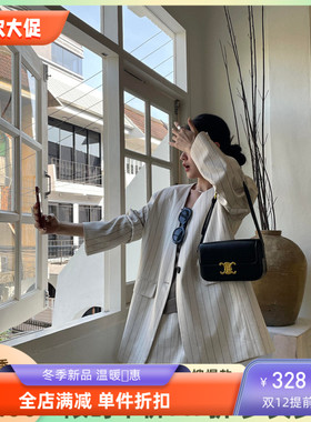 Hazel家秋新款韩原单外套极简通勤法式优雅V领条纹天丝麻长袖西装