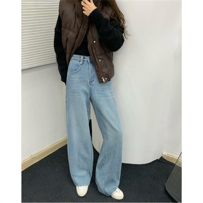 Hazel百搭新款直销韩国原单弹力宝宝绒丹宁色弯刀裤加绒牛仔裤