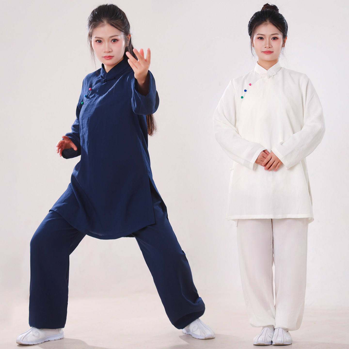女士斜襟立领长袖太极服中长款八段锦棉麻练功服传统武术表演服