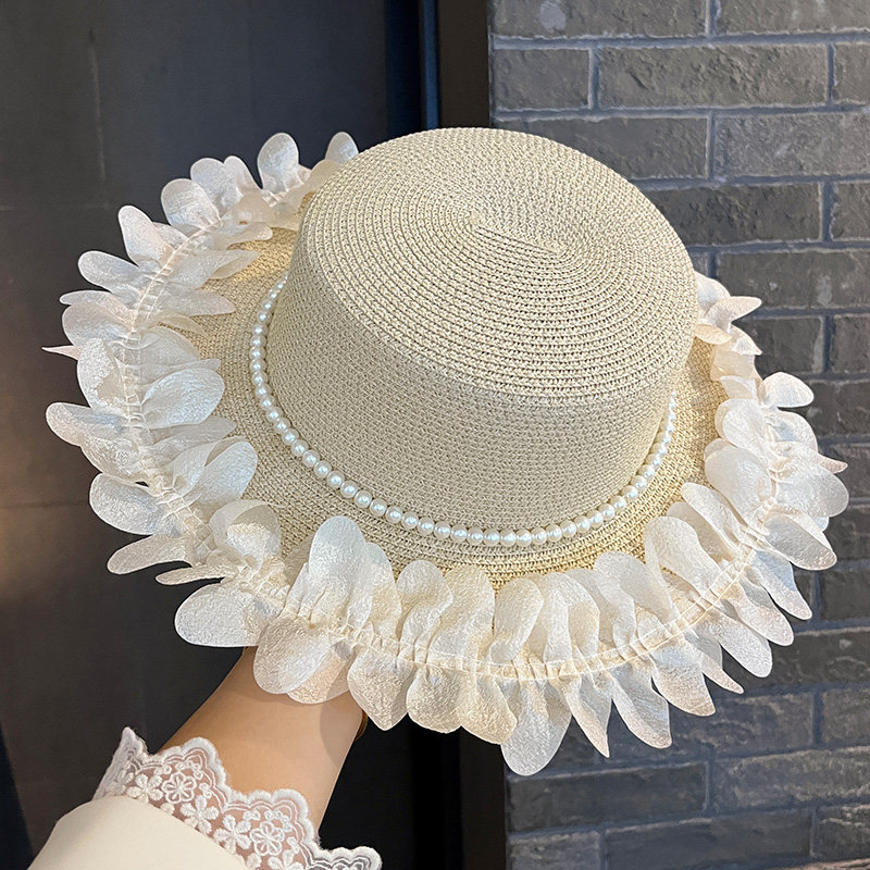 优雅花边草帽女夏季户外宽檐防晒遮阳度假太阳帽2025新款珍珠礼帽