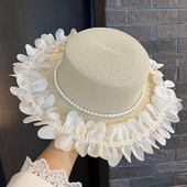 优雅花边草帽女夏季 珍珠礼帽 户外宽檐防晒遮阳度假太阳帽2026新款