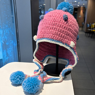 可爱粉色针织帽子女款2025新款百搭毛球流苏毛线帽秋冬保暖护耳帽