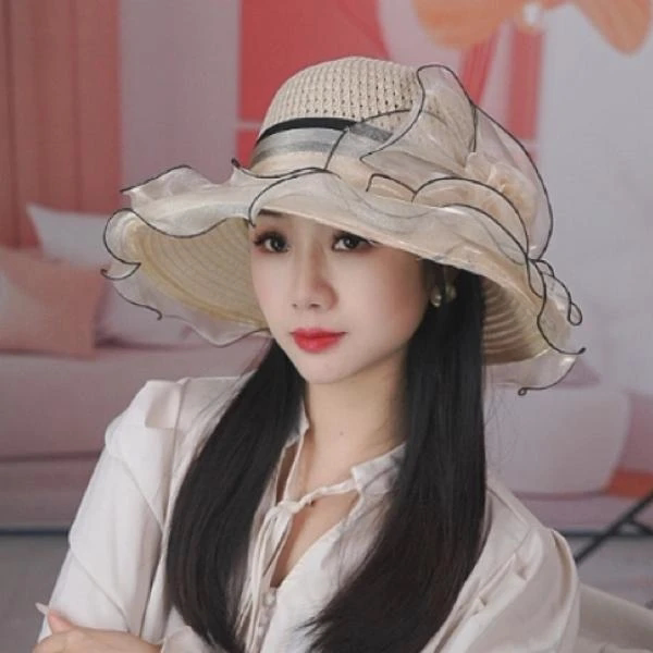 花朵蕾丝大帽檐草帽夏季出游防晒