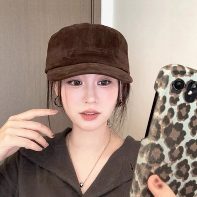 复古平顶鸭舌帽秋冬麂皮绒马术帽