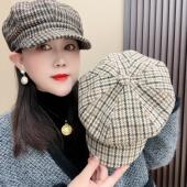 英伦风复古千鸟格纹八角帽子女春秋新款 百搭宽檐鸭舌帽洋气贝雷帽