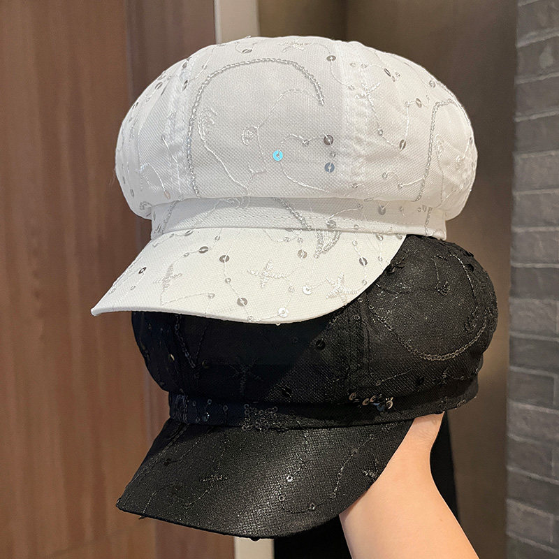 亮片八角帽子女款2026新款春夏季透气网纱鸭舌贝雷帽显脸小报童帽