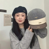 大头围黑色贝雷帽显脸小帽子女秋冬新款 针织鸭舌帽毛呢反戴前进帽