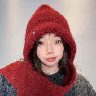 韩版红色巴拉克法帽女秋冬季加厚加厚保暖针织围巾防寒护颈围脖女