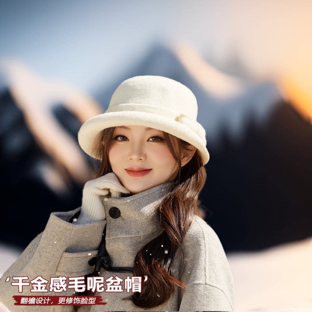 赫本风蝴蝶结毛呢渔夫帽千金礼帽