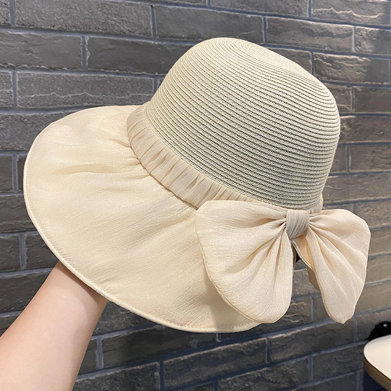 遮阳帽女春夏季防晒防紫外线太阳帽草编透气显脸小蝴蝶结渔夫帽子