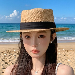 法式 出游海边度假太阳帽户外防晒遮阳草编帽子 复古平顶草帽女夏季