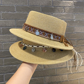 民族风平顶礼帽女2026新款 夏季 海边出游度假草帽草编防晒遮阳帽子