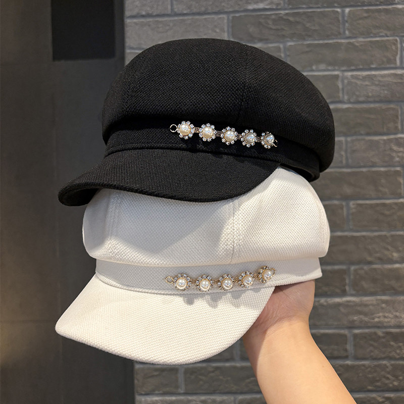 八角帽子女显脸小2025新款时尚珍珠水钻贝雷帽春秋英伦复古报童帽