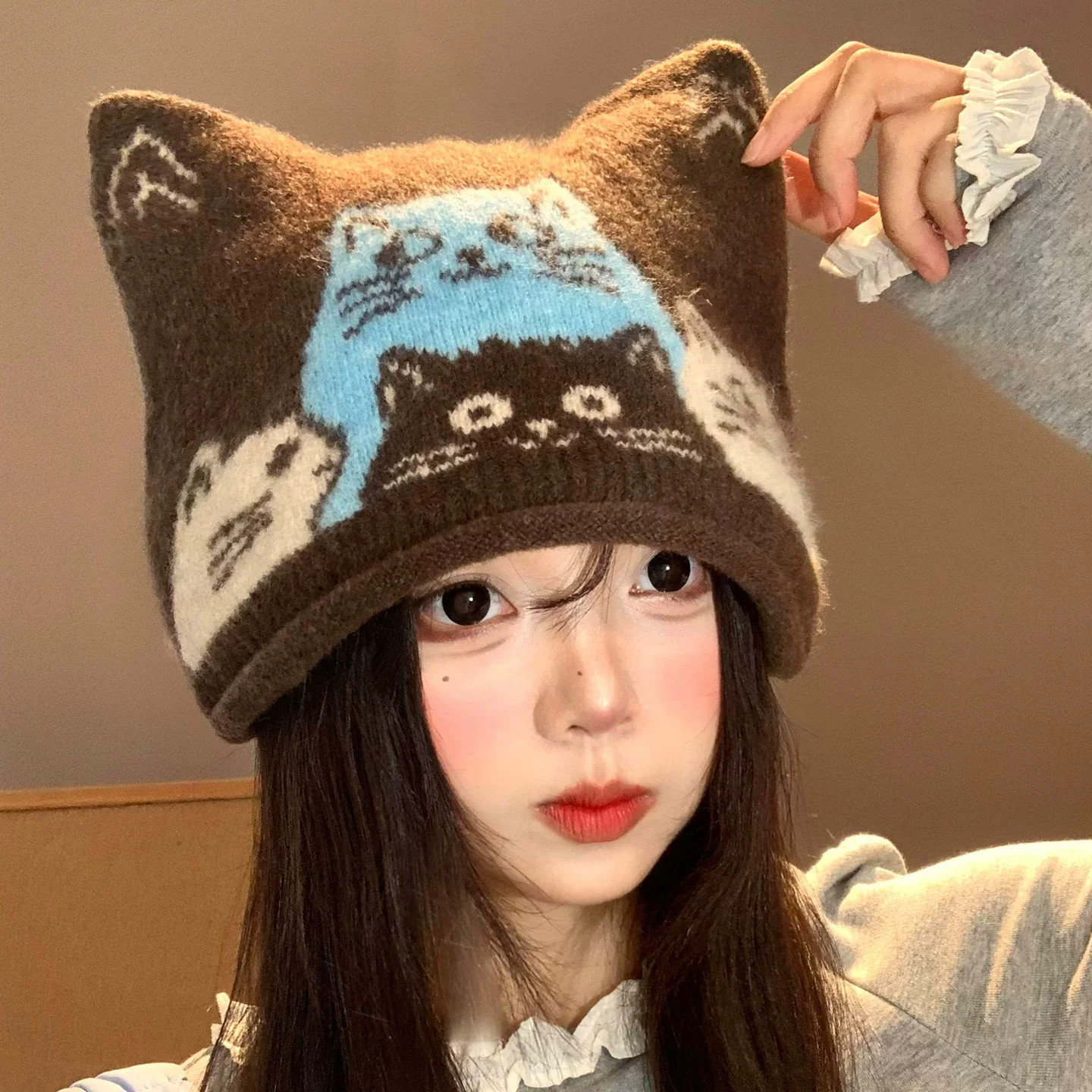 秋冬可爱卡通猫耳朵提花针织帽女