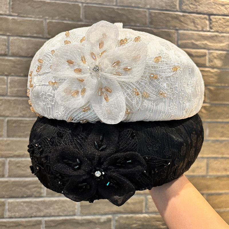 手工网纱花朵串珠贝雷帽女显脸小