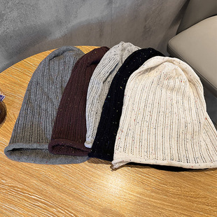 杂色针织毛线帽子女春秋新款编织百搭显脸小堆堆帽包头冷帽大头围
