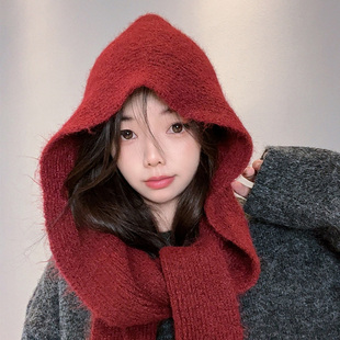 2025新款红色巴拉克法帽子女围脖一体两用秋冬季加厚保暖护颈围巾