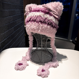粉色毛线帽女秋冬季可爱猫耳朵针织帽子百搭保暖毛绒帽加厚护耳帽