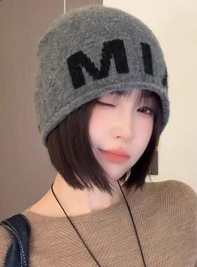 韩版字母针织毛线帽显脸小堆堆帽
