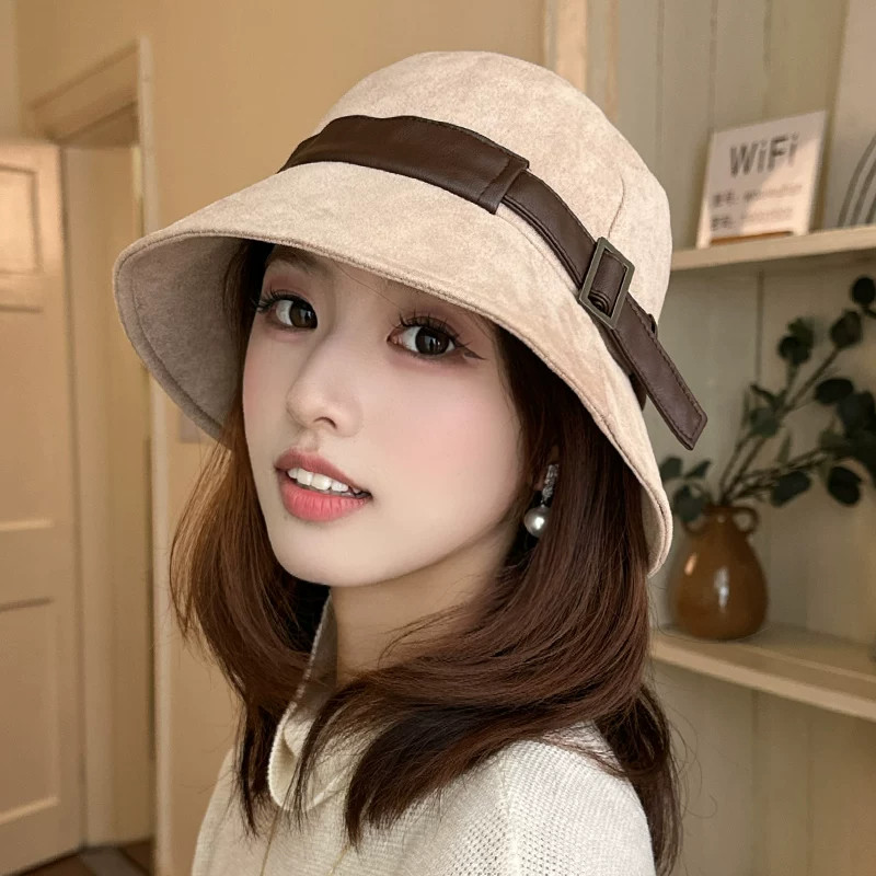 秋冬新款文艺复古皮带扣渔夫帽女