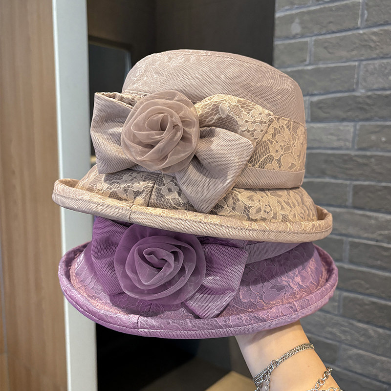 欧根纱蝴蝶结渔夫帽女士中老年帽子夏季出游防晒遮阳卷边花朵盆帽