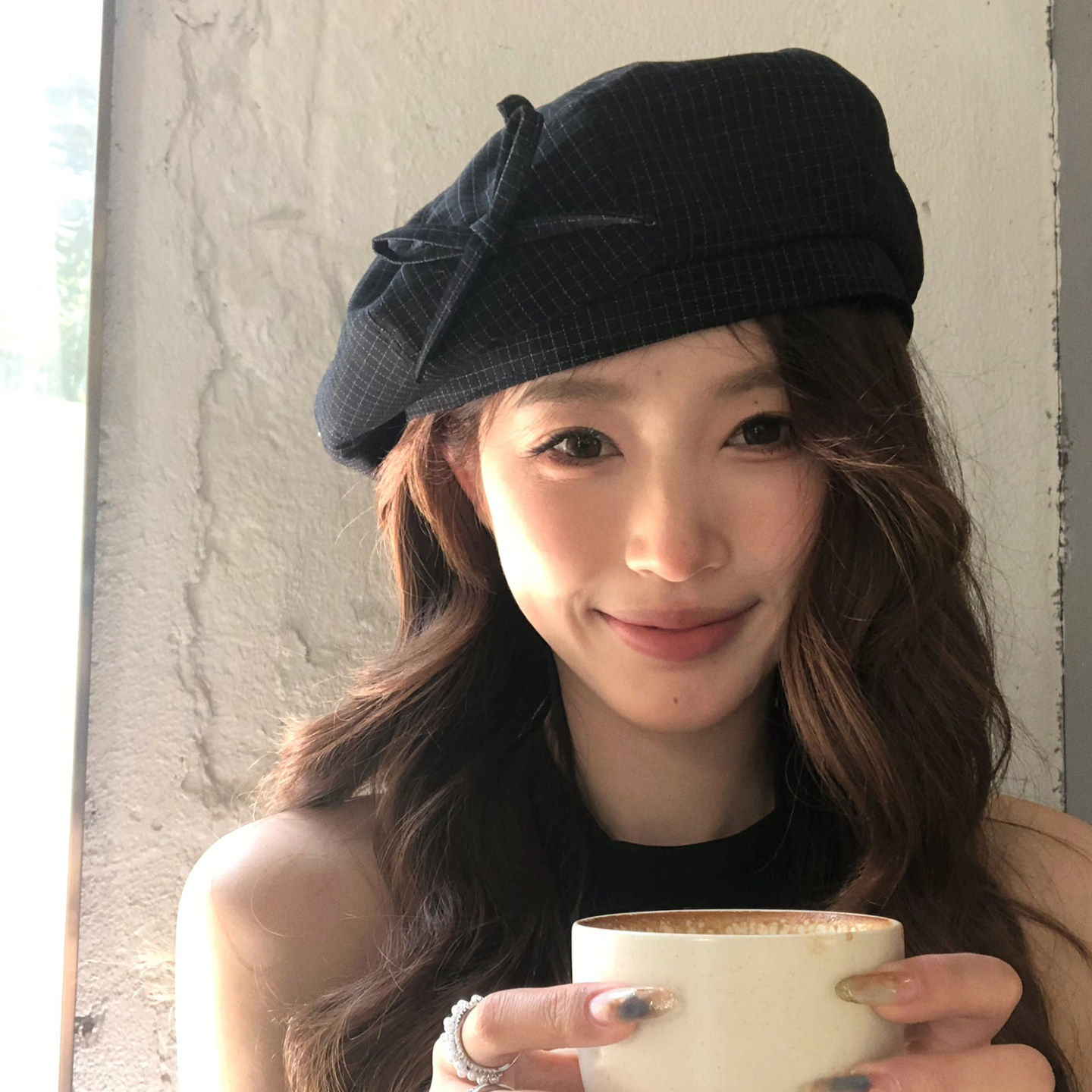黑色蝴蝶结格子贝雷帽子女显脸小