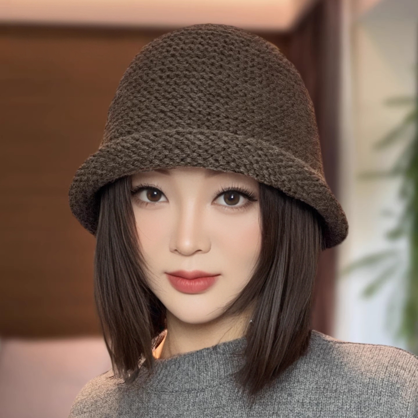 秋冬保暖纯色粗针织卷边渔夫帽女