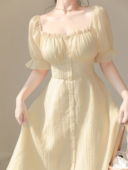 连衣裙女夏季 黑茉莉与甜酒 65%天丝浪漫法式 泡泡袖 柠檬树下 超嫩