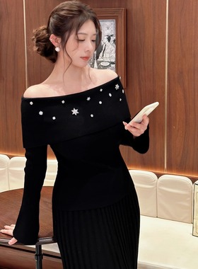 黑茉莉与甜酒 星夜低语 富家千金黑色显瘦手工钻一字肩针织上衣女